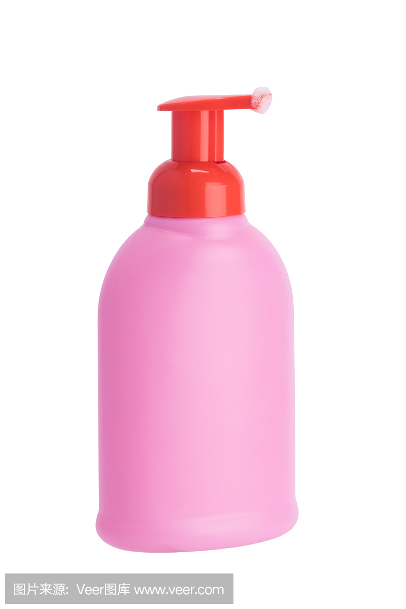 粉红色的瓶子,带有肥皂液分配器,白色隔离